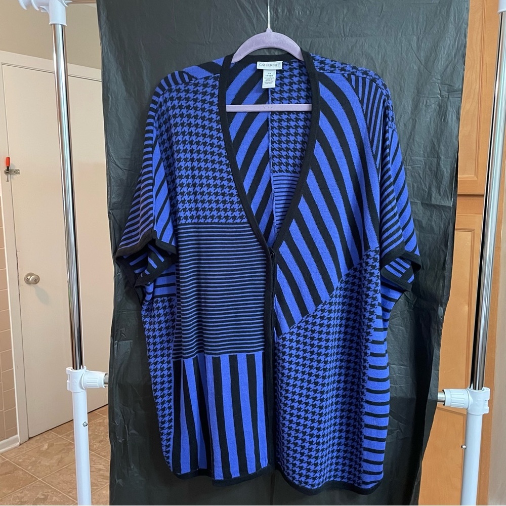 Catherines 14/16W Blue and Black V-Neck Cardigan Career Office Work *READ*